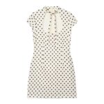 Hepburn-style Square-neck Short-sleeve Polka-dot Short Dress With A Bow Detail