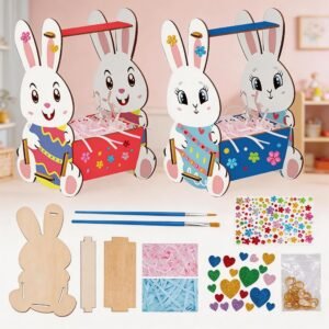 Easter Basket Bunnies (Set Of 5), Creative Group Craft Kit With 5 Wooden Easter Bunny Baskets, Colorful DIY Baskets For Easter Egg Hunts & Table Decorations, Ideal For School & Family Celebrations