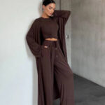Womens Crew-neck Long-sleeve Top And Wide-leg Pants Set