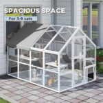 Wooden Catio Outdoor Cat Enclosure With Waterproof Cover, 2 Condos, 6 Platforms, Bridge, Doors, White