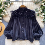 Commuter-style Yellow Ruffled Beaded Lantern-sleeve Blouse