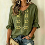 Womens Fashionable Printed V-neck Short-sleeve Top