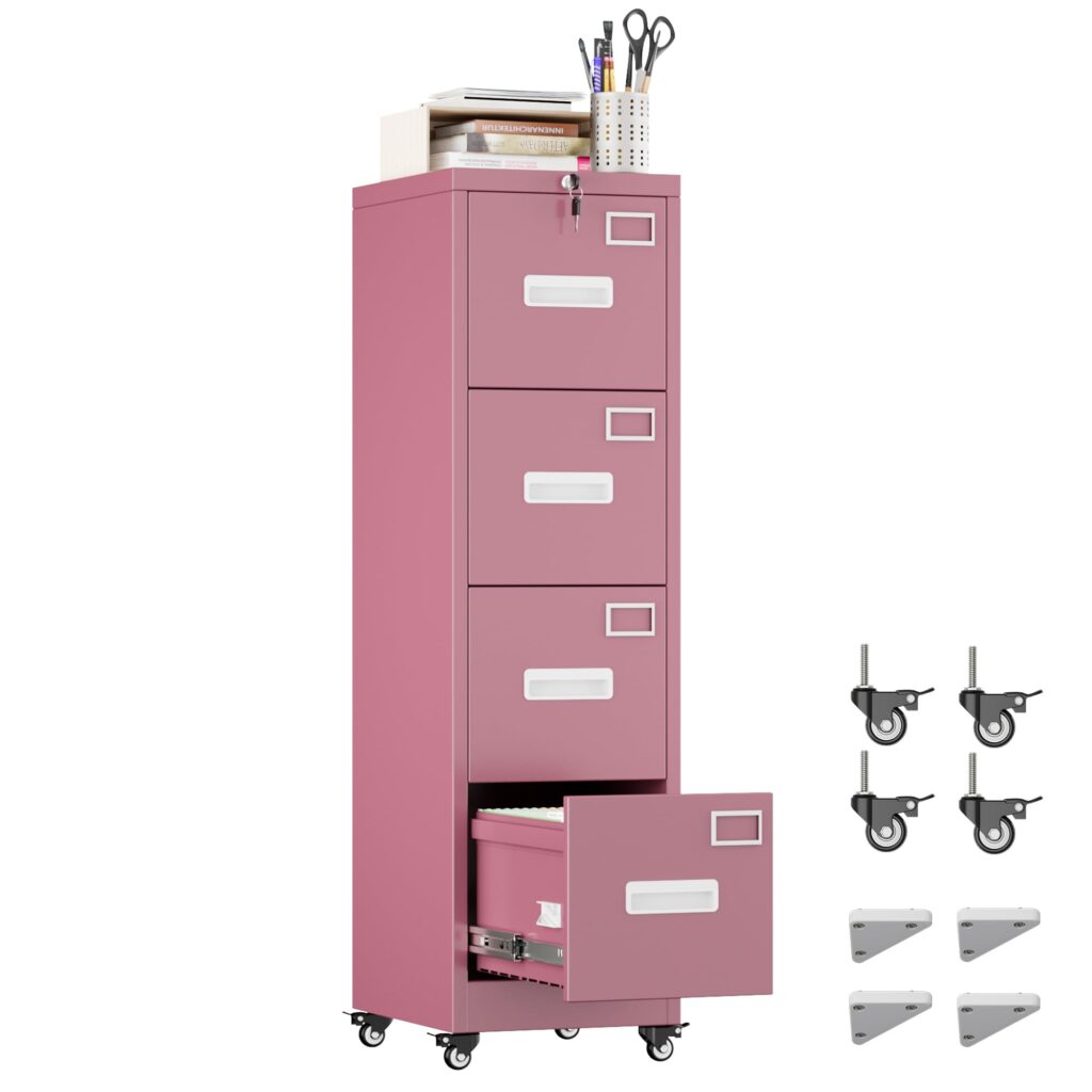 METAN 4 Drawer File Cabinet On Wheels, Lockable Metal Filing Cabinet With Handle And Name Card For Office Home,Assembly Required,Pink