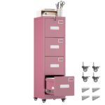 METAN 4 Drawer File Cabinet On Wheels, Lockable Metal Filing Cabinet With Handle And Name Card For Office Home,Assembly Required,Pink