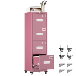 METAN 4 Drawer File Cabinet On Wheels, Lockable Metal Filing Cabinet With Handle And Name Card For Office Home,Assembly Required,Pink