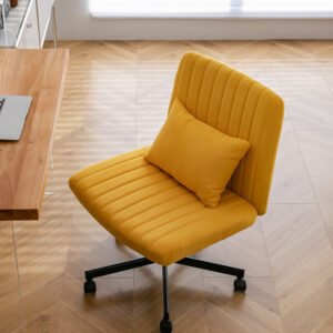 Yellow Linen Criss Cross Armless Office Chair with Wheels - Versatile for Home Office, Meditation & Makeup