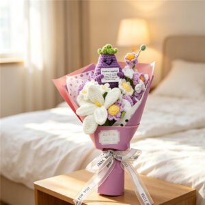 Handmade Crocheted Flower Bouquet, Cute Eggplant Doll Matched With Lilies And Purple Florets, Soft Yarn Everlasting Knitted Bouquet, Decorative Ornament For Indoor Household Display