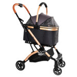 Pet Stroller for Dogs and Cats, 2-in-1 Detachable Foldable 4 Wheels Pet Stroller, Quick One-Hand Fold, Storage Basket, Detachable Carry Basket with Sun Canopy(Black+Gold)