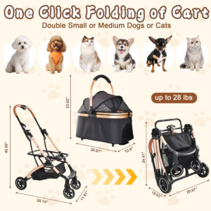 Pet Stroller for Dogs and Cats, 2-in-1 Detachable Foldable 4 Wheels Pet Stroller, Quick One-Hand Fold, Storage Basket, Detachable Carry Basket with Sun Canopy(Black+Gold)