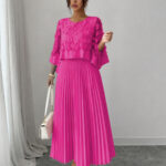 Elegant A-line Pleated Dress With Appliqued Mesh Paneling, Vacation Outfits Women, Summer Outfits For Women