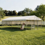 20x10 FT Large Outdoor Dog Kennel with Canopy, Heavy Duty Galvanized Steel Frame, Waterproof Cover, Built-in Elevated Feeding Bowls, Escape-Proof Lockable Pet Playpen for Large Dogs & Multiple Animal
