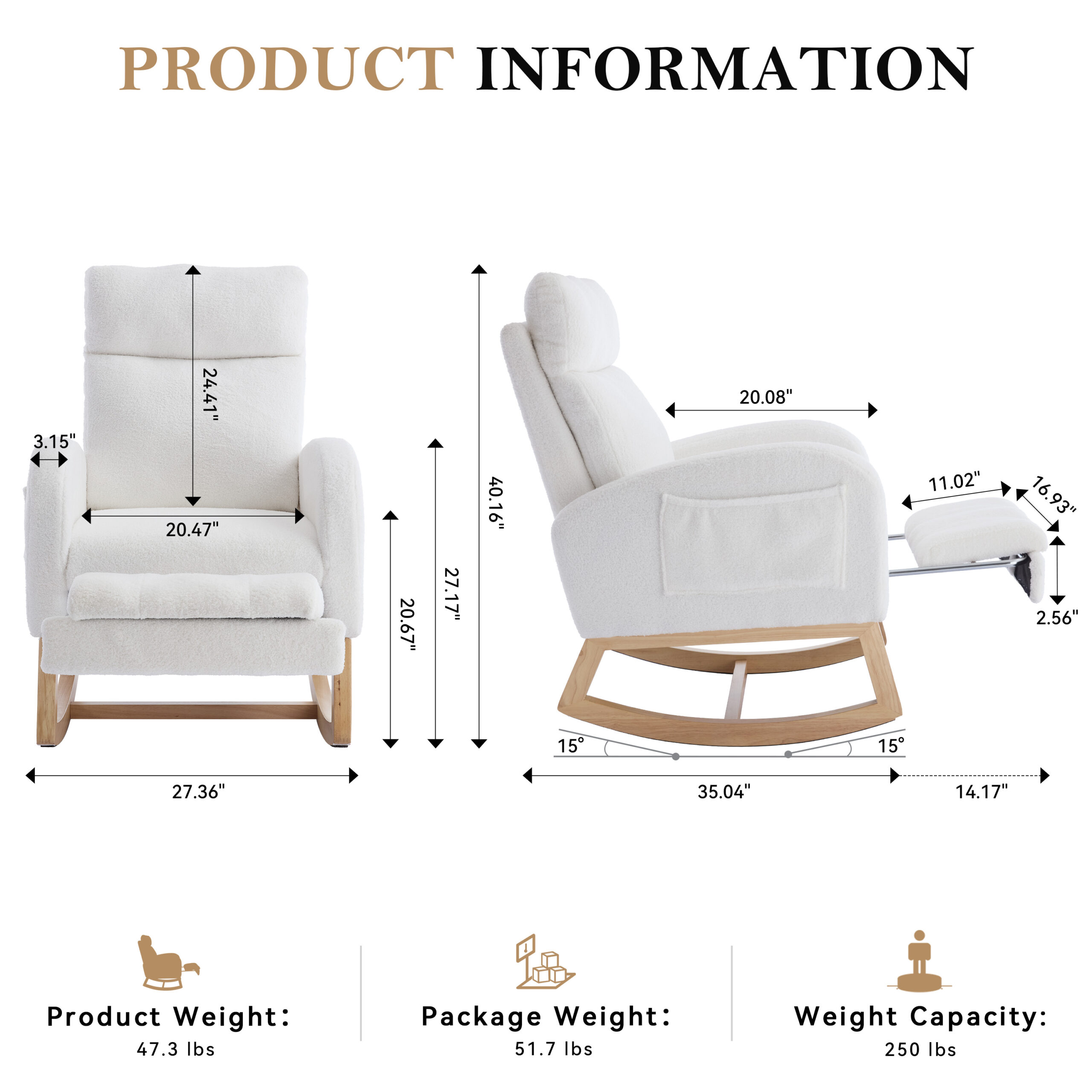 015B-Teddy Fabric Leisure Rocking Chair,Nursery Rocking Chair With Adjustable Footstool,Thickened Headrest And High Backrest, Storage Pocket On The Right Side,The Base Rocker Is Solid Wood,White - Image 8