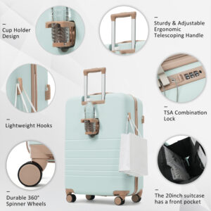 4-Piece Luggage Set with USB Charging Ports - 20in Carry-On (Front-Opening for Laptop) 28in Checked Suitcase with TSA Lock Travel Duffel Bag Wet-Dry Toiletry Bag, grey green