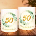 12-Piece Set Of Table Lanterns For Golden Wedding Anniversary, 50th Anniversary, Husband And Wife Table Decor, Green Eucalyptus, “So Glad You’re Here” Gold Wedding Anniversary Party Decor For Candles