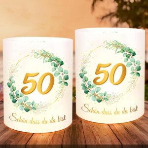 12-Piece Set Of Table Lanterns For Golden Wedding Anniversary, 50th Anniversary, Husband And Wife Table Decor, Green Eucalyptus, “So Glad You’re Here” Gold Wedding Anniversary Party Decor For Candles