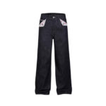Red-edged Red-ear Raw-edge Slim A-line Straight-leg Floral Denim Jeans For Women