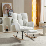 067-Teddy Fabric Leisure Rocking Chair With Adjustable Footstool,Nursery Rocking Chair, High Backrest, Storage Pocket On The Right Side,The Base Rocker Is Solid Wood And Metal,Ivory