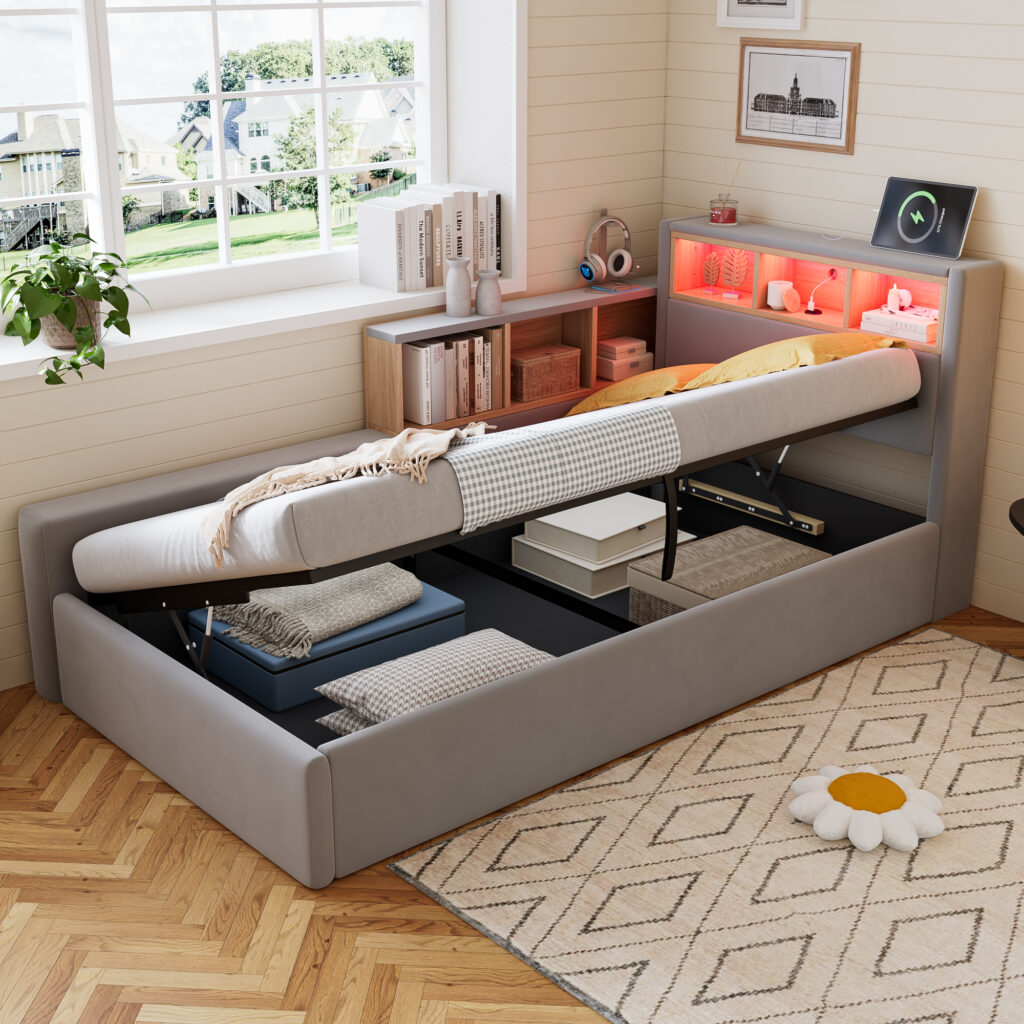 Upholstered Bed, 3FT Single Bed 90x190cm, Daybed Sofa Bed, Modern Velvet Youth Bed, For Adults & Teenagers, With Charging Port, LED Strip, With Storage Space, Easy Assembly, Velvet, Grey No Mattress