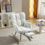 067-Teddy Fabric Leisure Rocking Chair With Adjustable Footstool,Nursery Rocking Chair, High Backrest, Storage Pocket On The Right Side,The Base Rocker Is Solid Wood And Metal,Ivory