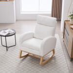 015B-Teddy Fabric Leisure Rocking Chair,Nursery Rocking Chair With Adjustable Footstool,Thickened Headrest And High Backrest, Storage Pocket On The Right Side,The Base Rocker Is Solid Wood,White