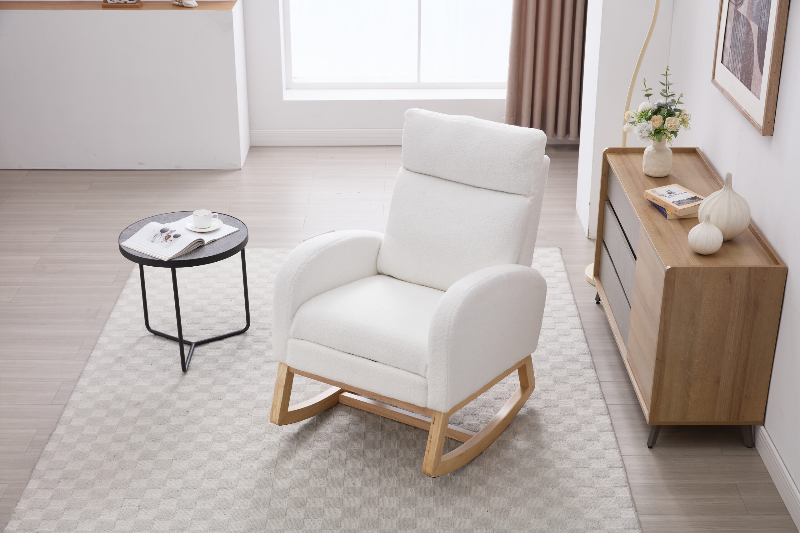 015B-Teddy Fabric Leisure Rocking Chair,Nursery Rocking Chair With Adjustable Footstool,Thickened Headrest And High Backrest, Storage Pocket On The Right Side,The Base Rocker Is Solid Wood,White - Image 7