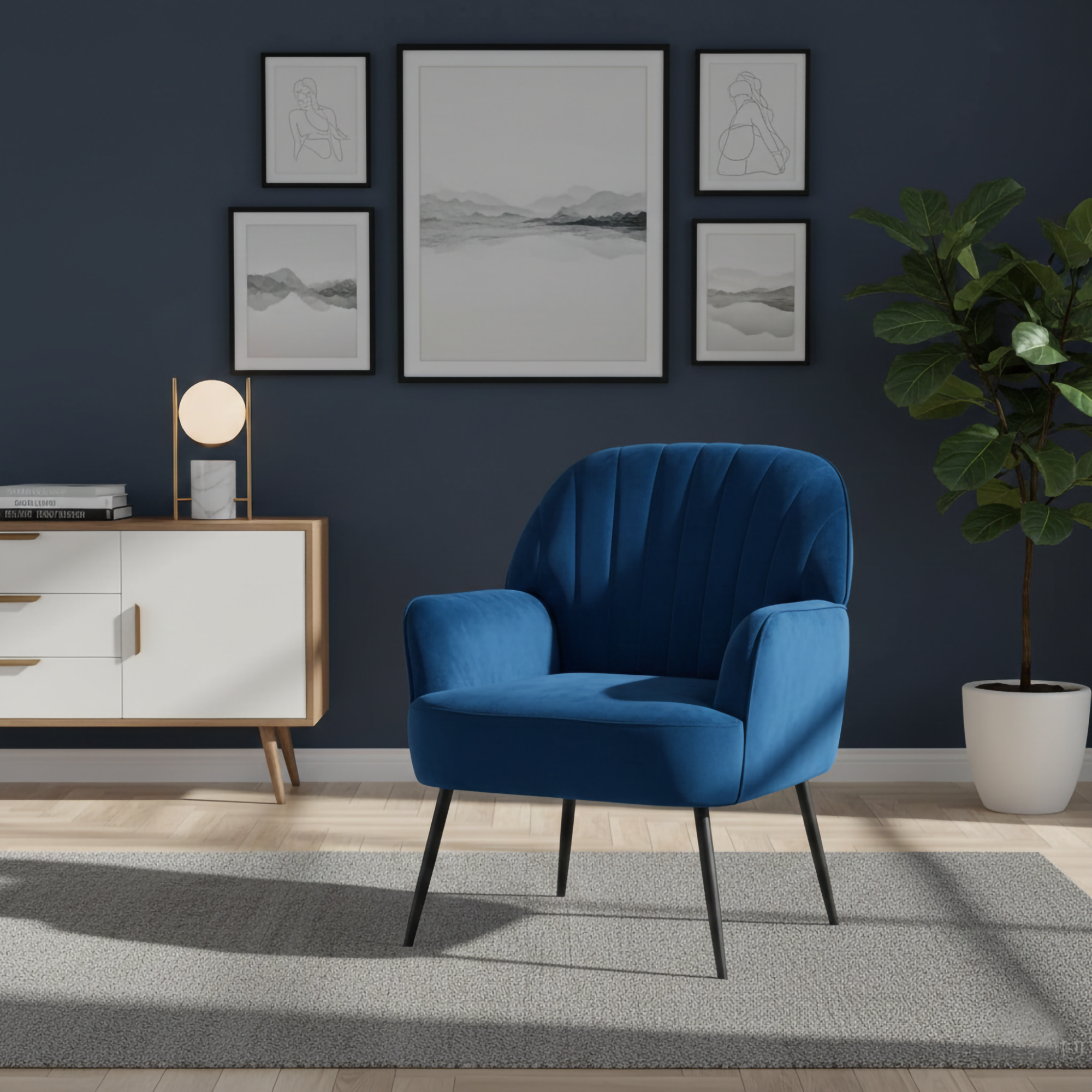 Velvet Accent Chair, Modern Upholstered Living Room Chairs, Luxury Single Sofa Armchair with Metal Legs, Comfy Barrel Chairs for Living Room, Waiting Room, Bedroom, Office and Cafe, Blue - Image 14