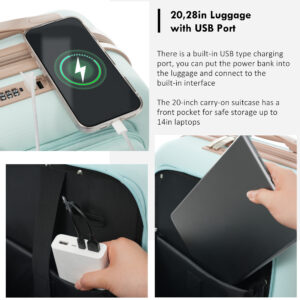 4-Piece Luggage Set with USB Charging Ports – 20in Carry-On (Front-Opening for Laptop) 28in Checked Suitcase with TSA Lock Travel Duffel Bag Wet-Dry Toiletry Bag, grey green
