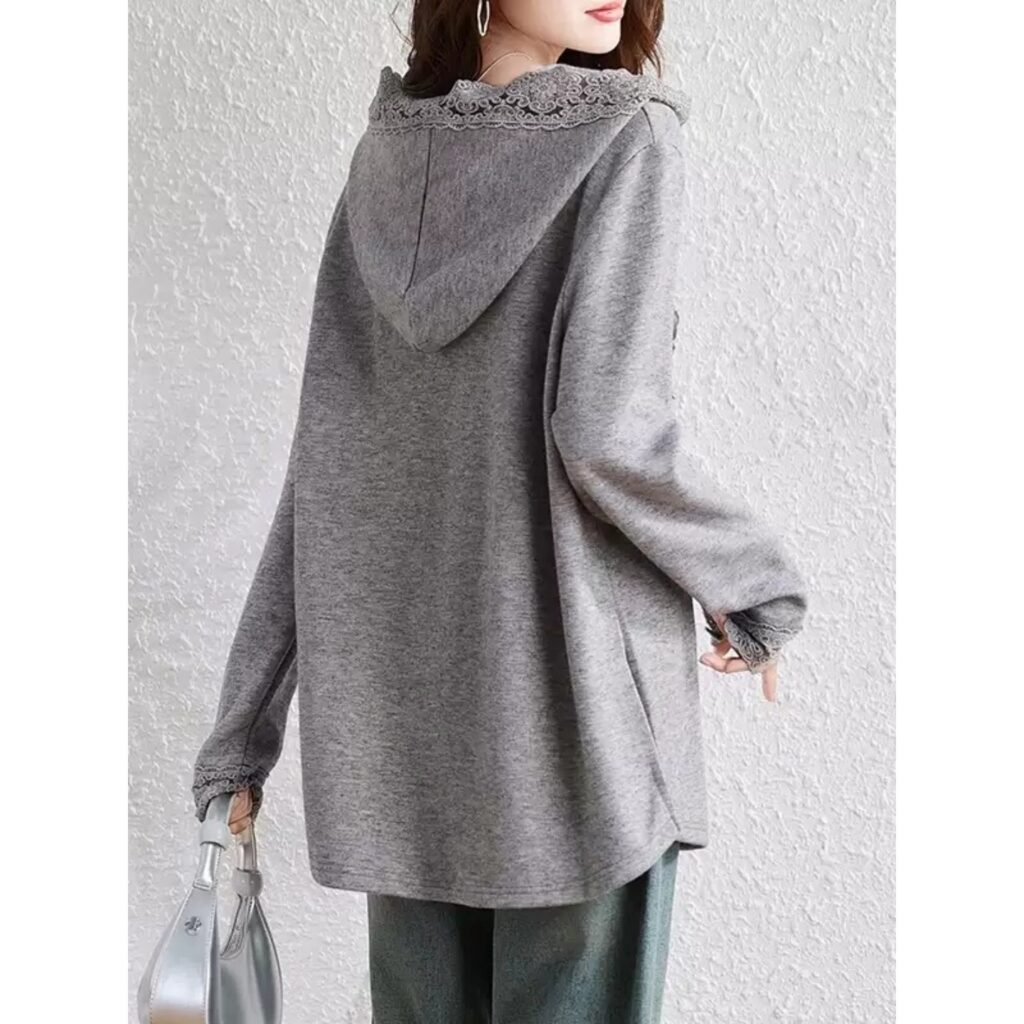 Loose-fitting Figure-flattering Solid-color Lace-hooded Sweatshirt