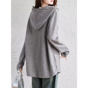 Loose-fitting Figure-flattering Solid-color Lace-hooded Sweatshirt