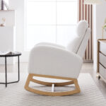 015B-Teddy Fabric Leisure Rocking Chair,Nursery Rocking Chair With Adjustable Footstool,Thickened Headrest And High Backrest, Storage Pocket On The Right Side,The Base Rocker Is Solid Wood,White