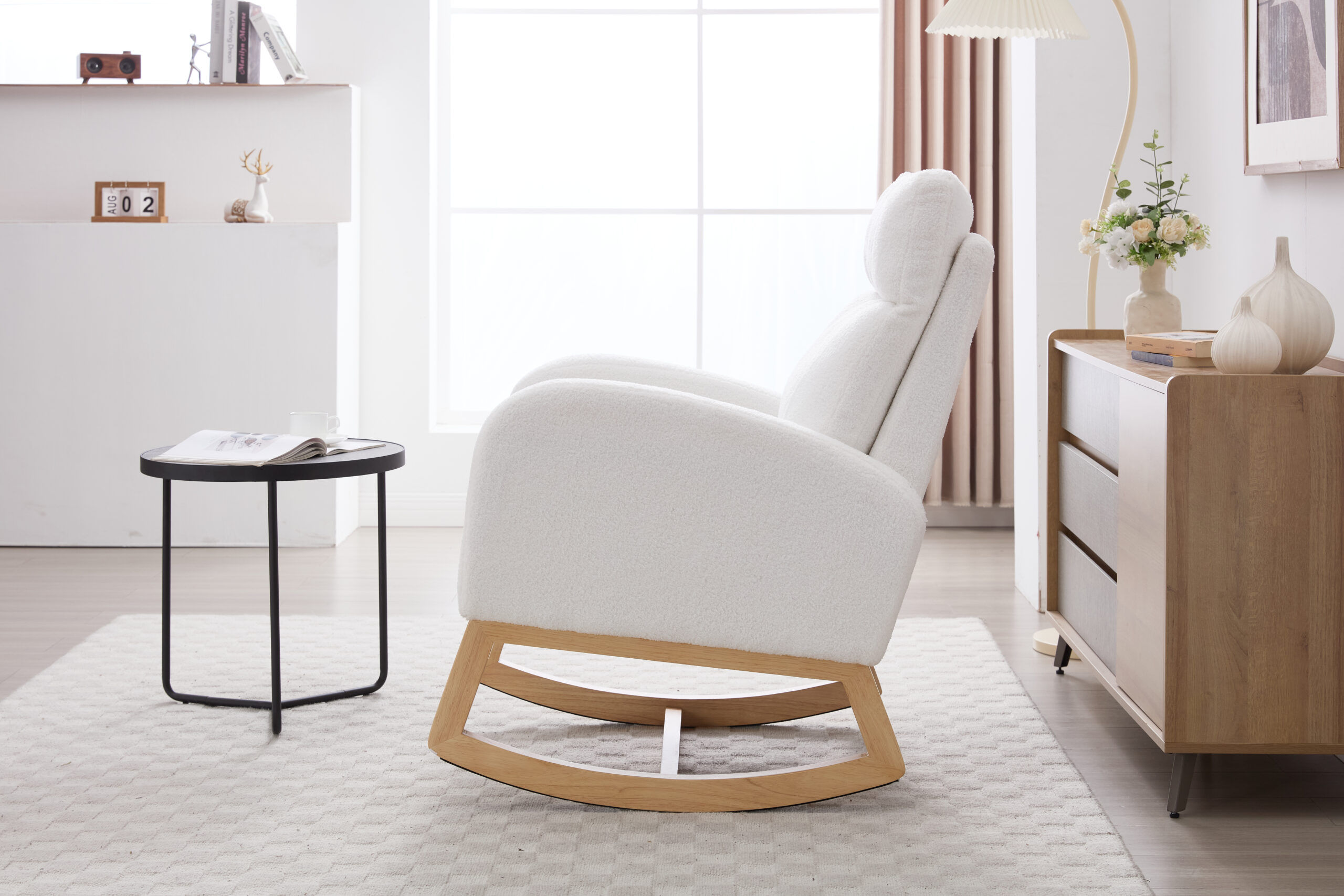 015B-Teddy Fabric Leisure Rocking Chair,Nursery Rocking Chair With Adjustable Footstool,Thickened Headrest And High Backrest, Storage Pocket On The Right Side,The Base Rocker Is Solid Wood,White - Image 10