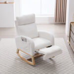 015B-Teddy Fabric Leisure Rocking Chair,Nursery Rocking Chair With Adjustable Footstool,Thickened Headrest And High Backrest, Storage Pocket On The Right Side,The Base Rocker Is Solid Wood,White