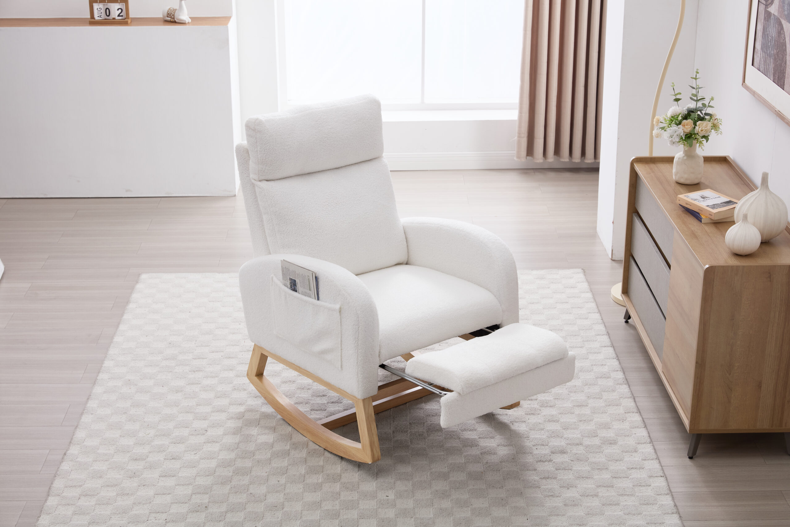 015B-Teddy Fabric Leisure Rocking Chair,Nursery Rocking Chair With Adjustable Footstool,Thickened Headrest And High Backrest, Storage Pocket On The Right Side,The Base Rocker Is Solid Wood,White - Image 24