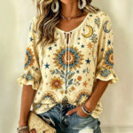 Womens Fashionable Printed V-neck Short-sleeve Top