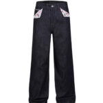 Red-edged Red-ear Raw-edge Slim A-line Straight-leg Floral Denim Jeans For Women