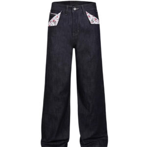Red-edged Red-ear Raw-edge Slim A-line Straight-leg Floral Denim Jeans For Women