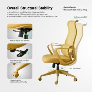 Ergonomic Colorful Office Chair 350LBS Home Office Mesh Breathable High Back, With Adjustable Lumbar Support Computer Chair, Integrated Molded Foam Seat Cushion, Fireproof (Yellow)