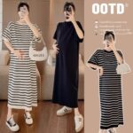 Maternity Short-sleeve Striped Midi Dress