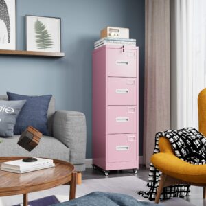 METAN 4 Drawer File Cabinet On Wheels, Lockable Metal Filing Cabinet With Handle And Name Card For Office Home,Assembly Required,Pink