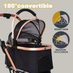 Pet Stroller for Dogs and Cats, 2-in-1 Detachable Foldable 4 Wheels Pet Stroller, Quick One-Hand Fold, Storage Basket, Detachable Carry Basket with Sun Canopy(Black+Gold)