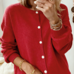 Oversized Crew Neck Button Knit Cardigan Women Soft Puff Sleeve Sweater Coat