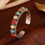 Vintage Oxidized Silver Cuff Bracelet, Linear Oval Simulated Red Vein Stone Wide Open Bangle, Boho Southwest Statement Jewelry For European Spanish Women