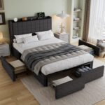 Upholstered Bed, 4ft6 Double Bed 135x190cm, Storage Bed, Soft Backrest, 4 Drawers With Pulleys, Metal Under-bed Bracket, With Bed Slats, Charging Port,For Adults & Teenagers, Linen, Grey No Mattress