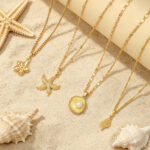 Cross-border European American Ins Style Necklace Jewelry Set, Sea Star, Faux Pearl, Floral, Conch & Scallop Pendant Flat Snake Chain Clavicle Neck Jewelry For Women