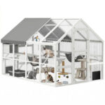 Wooden Catio Outdoor Cat Enclosure With Waterproof Cover, 2 Condos, 6 Platforms, Bridge, Doors, White