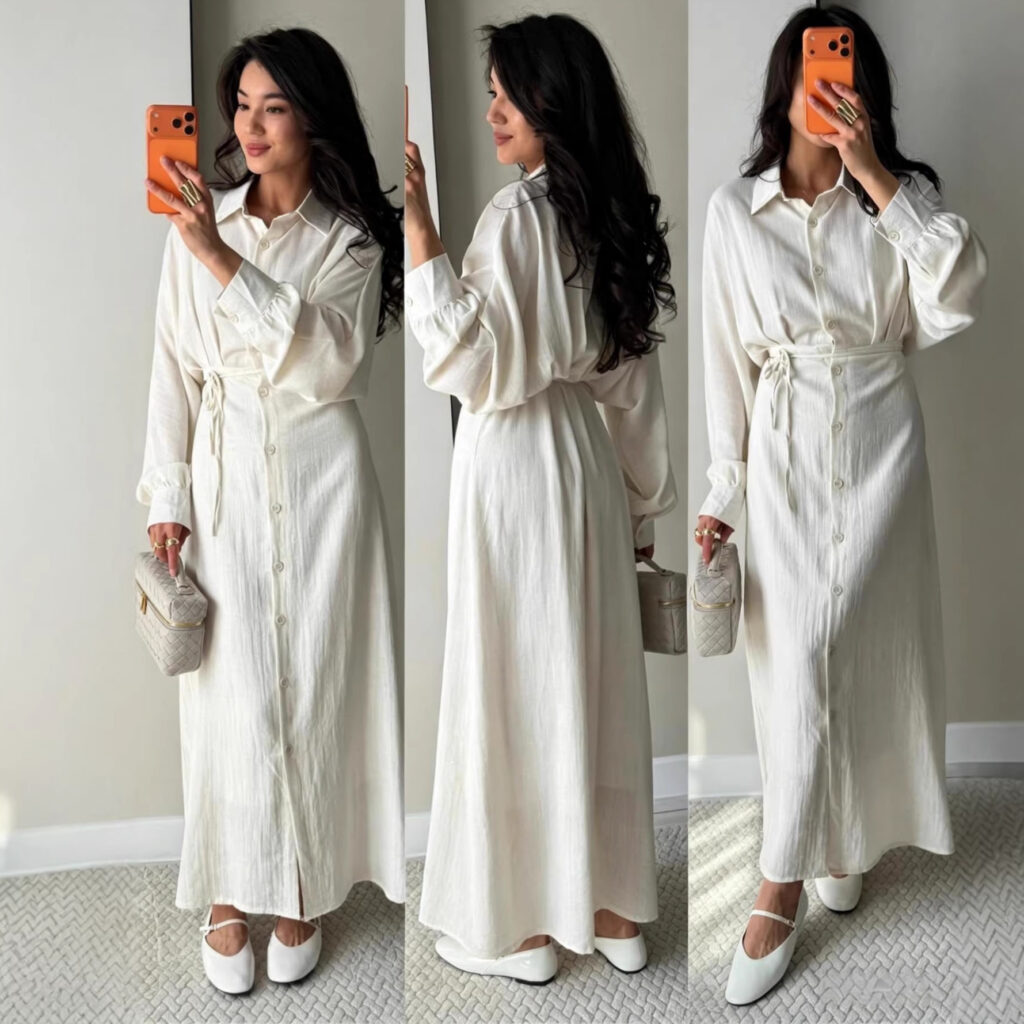 Womens Elegant Solid-color Shirt Single-breasted Lace-up Dress