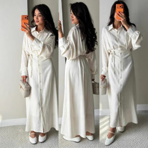 Womens Elegant Solid-color Shirt Single-breasted Lace-up Dress