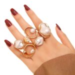 Cross-border European American Minimalist Alloy Irregular Faux Pearl Joint Ring Set For Women, Vintage Stackable Geometric Finger Jewelry