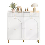 Narrow Shoe Cabinet With 4 Flip Doors And 2 Drawers, Adjustable Shelves, Metal Handles, Top Shelf For Organized Storage, Space-Saving Storage For 16-20 Pairs, White, 106.5 X 25 X 105.5 Cm
