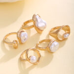 Cross-border European American Minimalist Alloy Irregular Faux Pearl Joint Ring Set For Women, Vintage Stackable Geometric Finger Jewelry